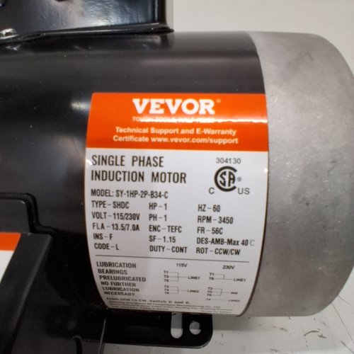 VEVOR SINGLE PHASE AIR COMPRESSOR INDUCTION MOTOR - 1 HP - 115/230V - 3450 RPM - BLACK (MODEL: SY-1 HP-2P-B34-C) image 2