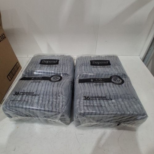 72PK MENS DEPENDS MAXIMUM ABORPTION INCONTINENCE DIAPERS WITH DRYSHIELD TECHNOLOGY LARGE - GREY (MODEL: 54203) image 2