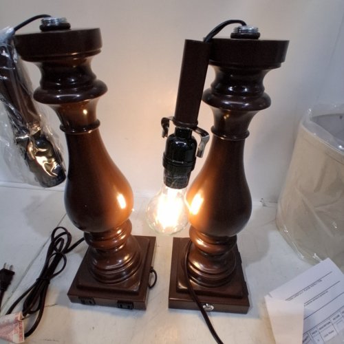 2PK CINKEDA FARMHOUSE VINTAGE BEDSIDE NIGHTSTAND LAMPS WITH USB C+A PORTS & AC OUTLET - 29" TALL - BROWN (MODEL: TD-CK-583) image 2