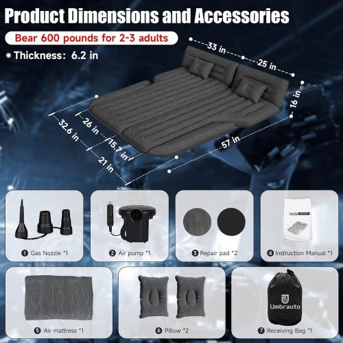 DIKASUN INFLATABLE SUV AIR MATTRESS BED WITH 2 PILLOWS - BLACK image 2