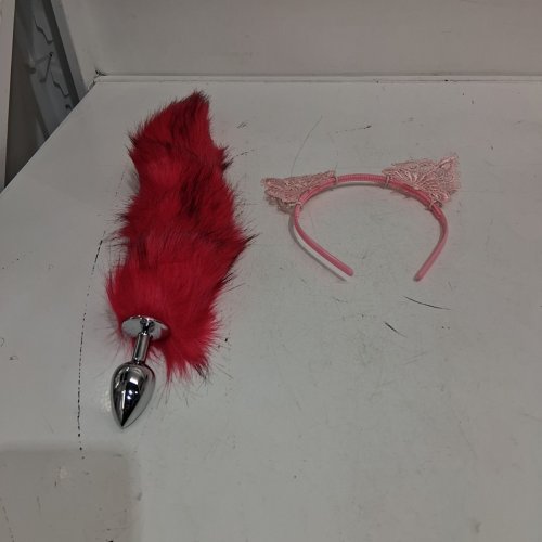 2PC CAT EARS AND SMALL STAINLESS STEEL BUTT PLUG TAIL - PINK EARS/HOT PINK TAIL image 2