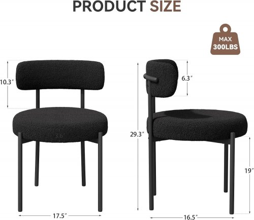 2PK HAWTHYHOME TEDDY FABRIC ROUND UPHOLSTERED DINING ROOM CHAIRS WITH METAL LEGS - 29" - BLACK (MODEL: FU01031BL-2) image 2