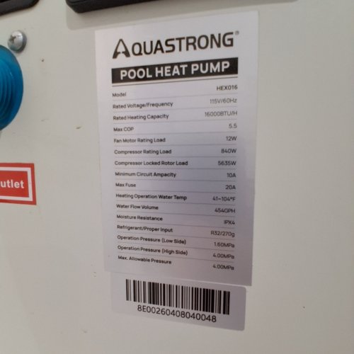 AQUASTRONG SWIMMING POOL ELECTRIC HEAT PUMP FOR UP TO 18,000L (MODEL: HEX016) image 3