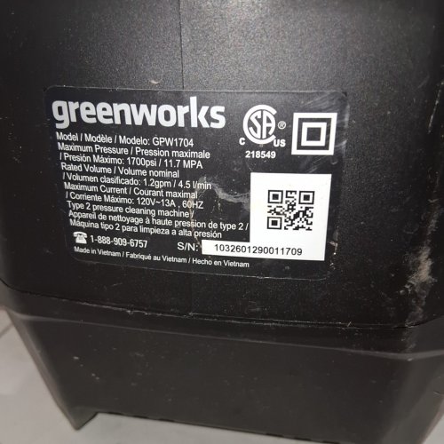 GREENWORKS COLD WATER ELECTRIC PRESSURE WASHER - 1700 PSI - 1.2GPM - 13 AMP - GREEN (MODEL: GPW1704) image 10
