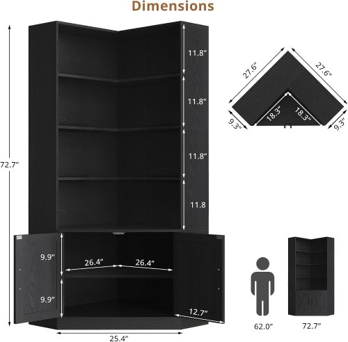 IRONCK WOODEN CORNER STORAGE BOOKCASE - 73" X 25" - BLACK - (MODEL: HK-SG-B1) image 2