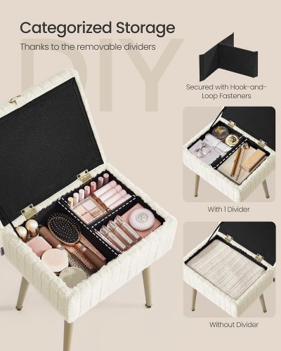 SONGMICS METAL LEGS WHITE FAUX-FUR VANITY STOOL/CHAIR WITH STORAGE - 440 LBS MAX CAPACITY - 19.7" X 15.7" X 11.8" - WHITE (MODEL: LOM505/ULOM505WZ02) image 2