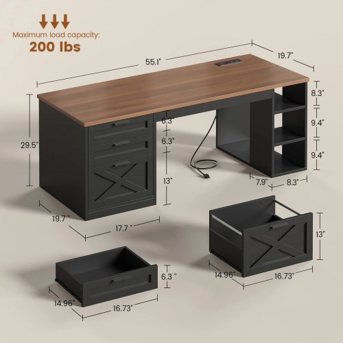 SEDETA FARMHOUSE OFFICE DESK WITH 3 DRAWERS COMPUTER DESK WITH STORAGE SHELVES EXECUTIVE DESK WITH POWER OUTLET - 55" - BLACK/BROWN image 2