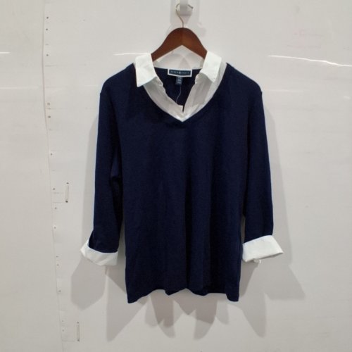 WOMENS KAREN SCOTT CONTRAST COLLAR AND CUFF V-NECK TOP - EXTRA LARGE - NAVY AND WHITE image 2