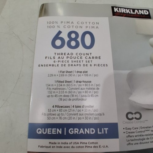 6PC KIRKLAND SIGNATURE 100% PIMA COTTON SHEET SET - 680 THREAD - QUEEN - WHITE (MODEL: 1306090) image 3