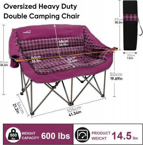 COLORSOUL FULLY PADDED DOUBLE FOLDING LOVESEAT CAMPING CHAIR - 600 LBS - PURPLE PLAID image 2
