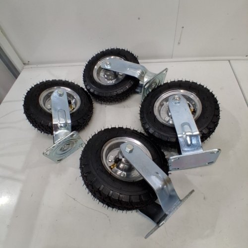 4PK RUBBER SWIVEL PNEUMATIC CASTER WHEELS - 8'' - BLACK/SILVER image 2