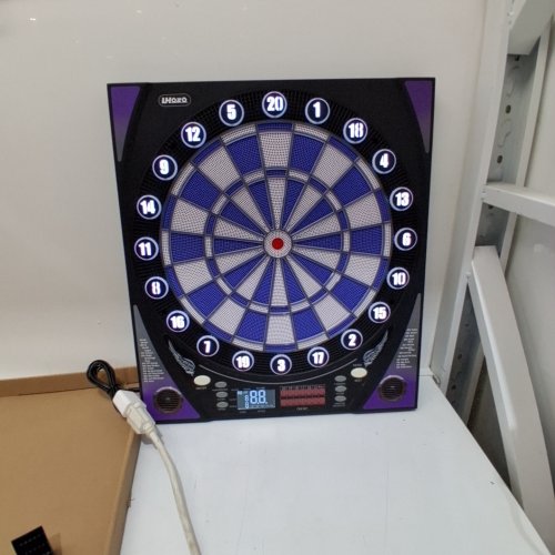 ELECTRONIC DART BOARD WITH BRIGHT SCORE DISPLAY WITH 12 DARTS - BLACK / PURPLE (MODEL: UHZ101) image 2