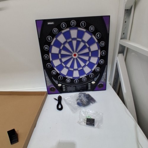 ELECTRONIC DART BOARD WITH BRIGHT SCORE DISPLAY WITH 12 DARTS - BLACK / PURPLE (MODEL: UHZ101) image 4