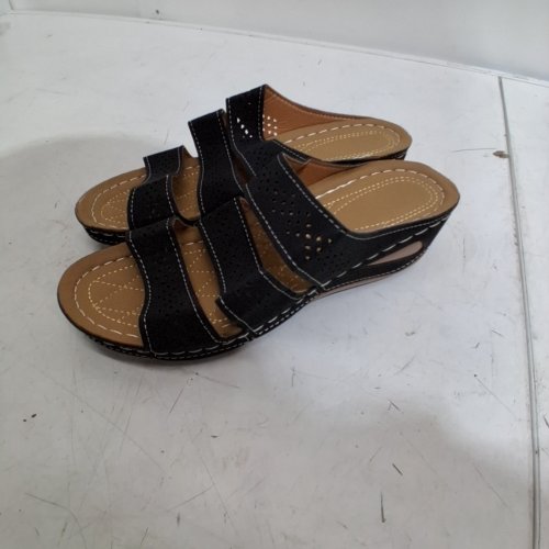 WOMENS SUMMER OPEN TOE HOLLOW WEDGE SHOES - 9.5 - BLACK image 4