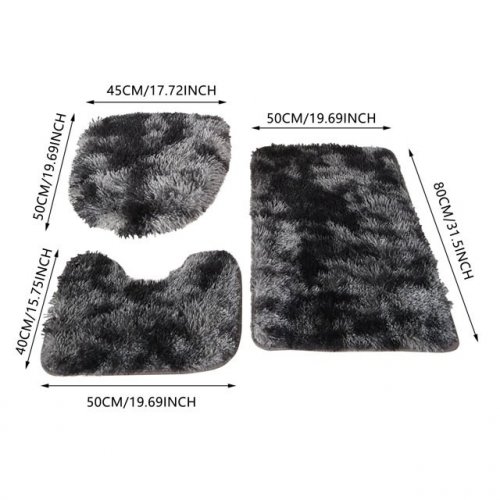 3PC BATHROOM RUG SET - TOLIET SEAT COVER, U SHAPED RUG, & TUB MAT - GREY/BLACK image 2
