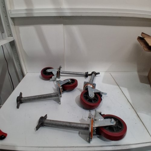 4PK ADJUSTABLE HEAVY DUTY SCAFFOLDING WHEELS WITH BRAKES AND LEVELING JACKS - 6" WHEELS, 1-1/5" OD SCREW, 13" HEIGHT - RED / SILVER image 2