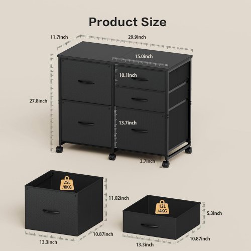 YETOM 5-DRAWER ROLLING FILE CABINET FOR UNDER DESK, SPACE SAVER - 30" X 12" X 28" - BLACK (MODEL: HDG903) image 2