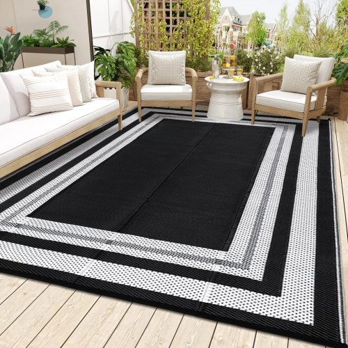 GARVEE REVERSIBLE WATERPROOF PLASTIC STRAW OUTDOOR RUG - 8TF X 10FT - BLACK AND WHITE (MODEL: PHO_156LB3E4) image 2