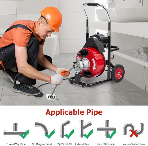 GARVEE PIPE DRAIN AUGER CLEANING MACHINE WITH WHEELS - 75FT X 3/8" - RED/BLACK - (MODEL: D-330ZF) image 2