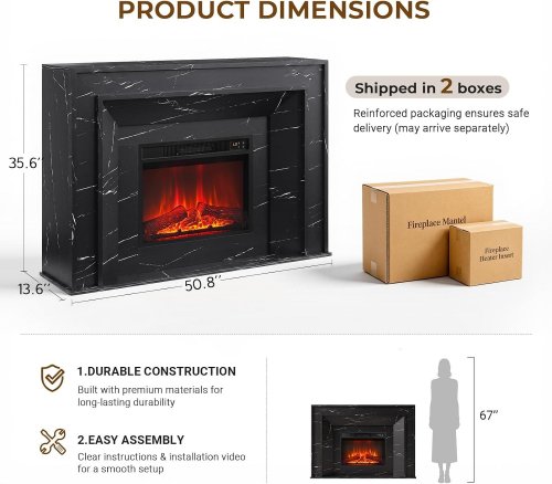 LGHM MODERN WOODEN LIVING ROOM MANTEL FOR 23" ELECTRIC FIREPLACE - 51" X 14" X 36" - BLACK W/ WHITE VEINS - (MODEL: LMKTF500100202A) image 2