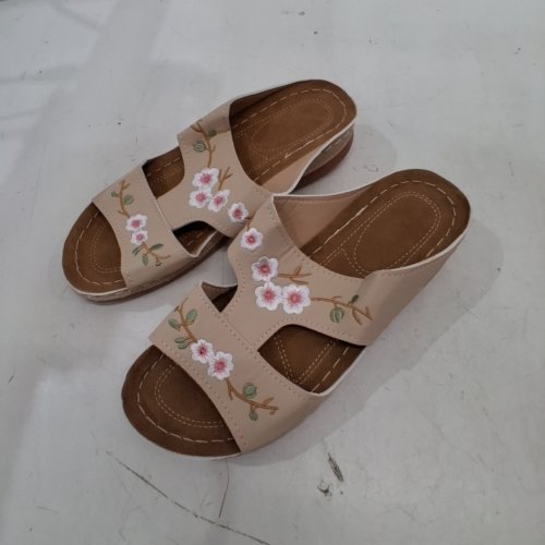WOMEN'S ORTHOPEDIC SLIP ON FLAT SANDALS HOLLOW OUT SLIDES - SIZE 9 - BEIGE / FLORAL image 2