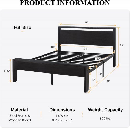 SHA CERLIN METAL PLATFORM BED FRAME WITH WOODEN HEADBOARD AND FOOTBOARD - FULL - BLACK OAK - (MODEL: WDLJYTC002) image 2