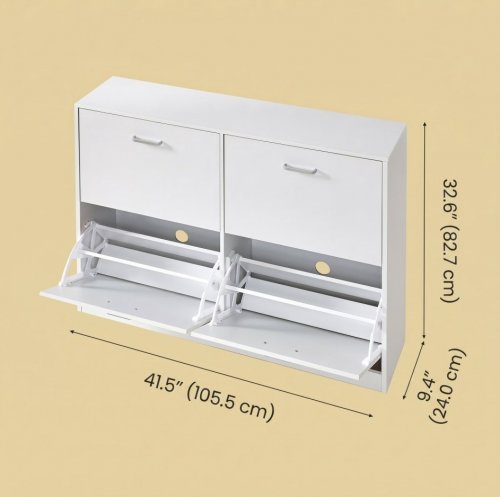 VASAGLE WOODEN SHOE STORAGE CABINET WITH 4 FLIP DOORS - 41" X 9" X 33" - WHITE - (MODEL: LBC035W01) image 2