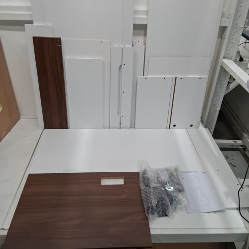 YATINEY TILT-OUT TRASH CAN CABINET WITH CHARGING STATION -19.38" X 13.76"- WHITE AND WALNUT BROWN (MODEL: WB02UWH) image 2