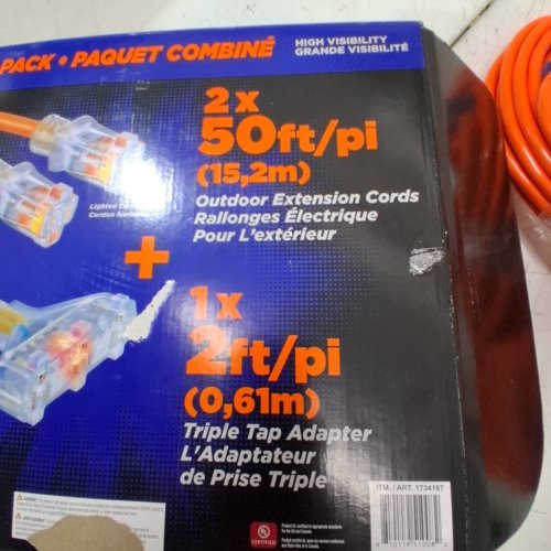 2PK PRIME WIRE OUTDOOR EXTENSION CORD COMBO WITH 2 EXTENSION CORDS 50FT/2FT TRIPLE TAP ADAPTER - ORANGE (MODEL: 1734187) image 4