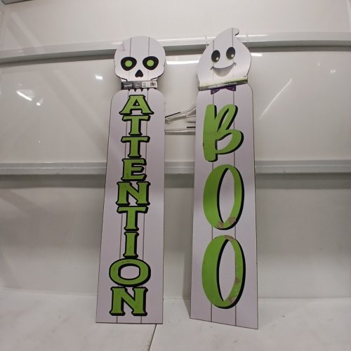 2PK REVERSIBLE FRENCH/ENGLISH DECORATIVE WOODEN HALLOWEEN PORCH SIGNS - 9.5" X 48" - WHITE GHOST AND SKELETON image 2