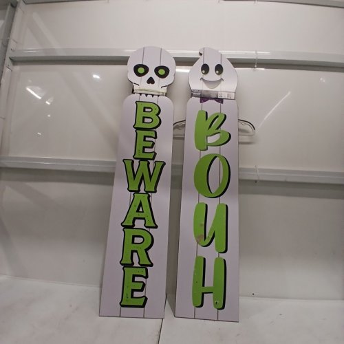 2PK REVERSIBLE FRENCH/ENGLISH DECORATIVE WOODEN HALLOWEEN PORCH SIGNS - 9.5" X 48" - WHITE GHOST AND SKELETON image 5