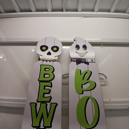 2PK REVERSIBLE FRENCH/ENGLISH DECORATIVE WOODEN HALLOWEEN PORCH SIGNS - 9.5" X 48" - WHITE GHOST AND SKELETON image 7