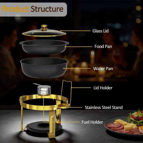2PK EFFIQ-RATE ROUND MAIFANITE-COATED CHAFING DISH BUFFET SET WITH GLASS LIDS AND UTENSILS - 5 QT - GOLD/BLACK (MODEL: GSKY-CY003P-41120) image 4