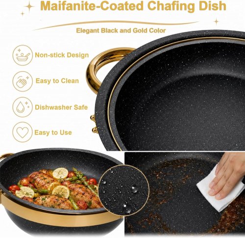 2PK EFFIQ-RATE ROUND MAIFANITE-COATED CHAFING DISH BUFFET SET WITH GLASS LIDS AND UTENSILS - 5 QT - GOLD/BLACK (MODEL: GSKY-CY003P-41120) image 5