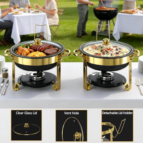 2PK EFFIQ-RATE ROUND MAIFANITE-COATED CHAFING DISH BUFFET SET WITH GLASS LIDS AND UTENSILS - 5 QT - GOLD/BLACK (MODEL: GSKY-CY003P-41120) image 6
