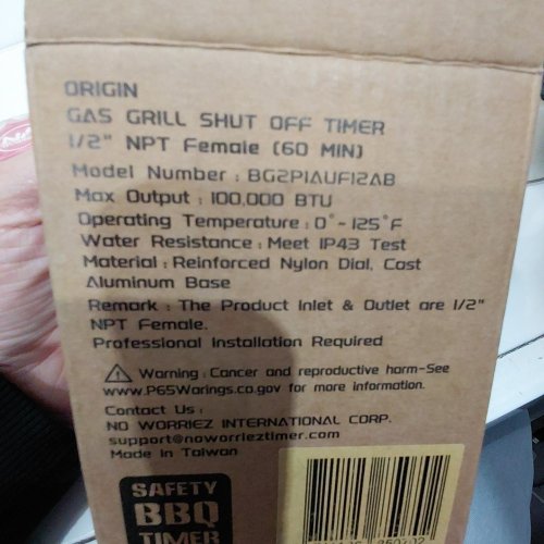 NO WORRIEZ GAS GRILL SHUT OFF TIMER - 60 MIN, 1/2" NPT FEMALE - RED / BLACK (MODEL: BG2PIAUF12AB) image 2