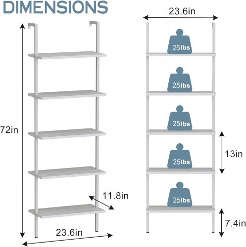 ABOXOO 5-TIER WALL-MOUNTED INDUSTRIAL WOODEN OPEN LADDER BOOKSHELF - 23.6" X 11.8" X 72" - WHITE (MODEL: HM2993) image 2