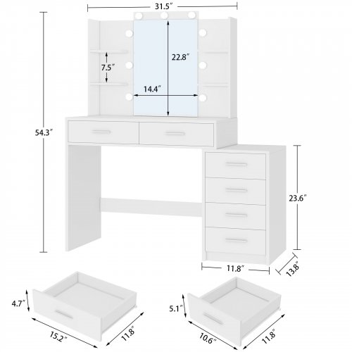 TEENFON 6-DRAWER VANITY DESK WITH LED LIGHTED MIRROR - WHITE (MODEL: STA031WD) image 2