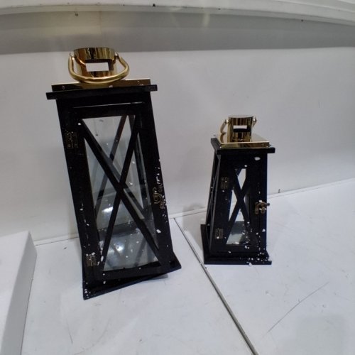 2PC TRAPEZOID TEMPERED GLASS & METAL CANDLE LANTERNS WITH IRON HANDLES - 22" / 15" - BLACK/GOLD (MODEL: 40243B-M) image 3