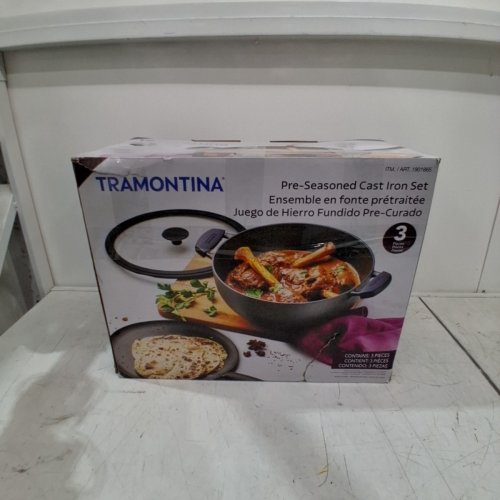 3PC TRAMONTINA PRE-SEASONED CAST IRON DEEP KADAI AND FLAT TAWA COOKWARE SET - 7QT / 11" - BLACK (MODEL: 1901865) image 9