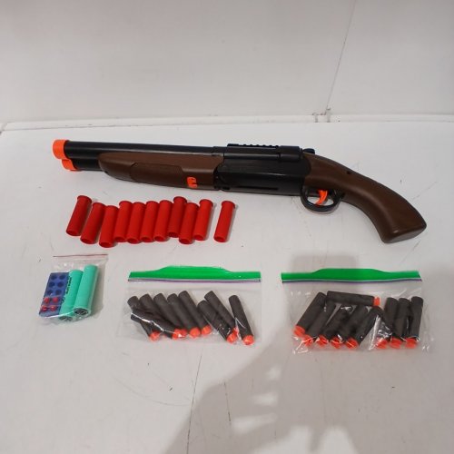 SOFT BULLET DOUBLE-BARRELED TOY GUN WITH 18 SOFT BULLET / 4 SMALL SOFT BULLET / 2 THREE-HOLE CLIP & 11 SINGLE-HOLE CLIP - 8Y+ - BROWN/BLACK image 2