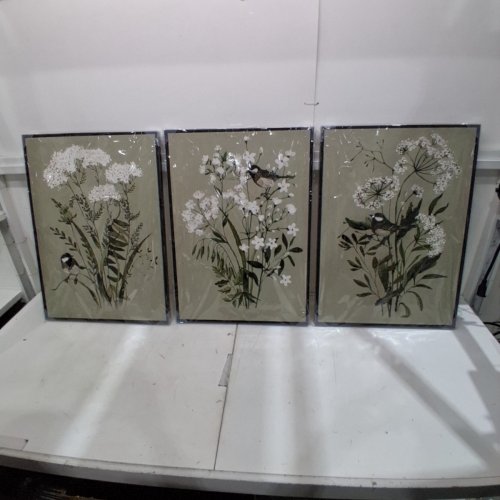 3PC MUTED SAGE GREEN FLORAL WALL ART WHITE FLOWER SPARROW PRINTS - 16" X 24" image 2