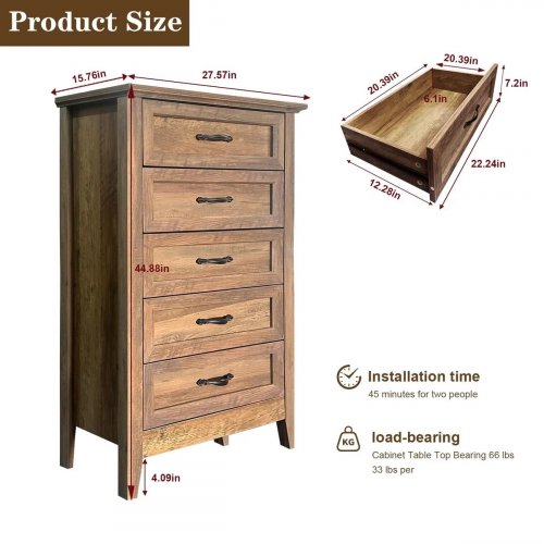GARVEE 5-DRAWER TALL STORAGE WOOD VINTAGE DRESSER - 27.5" X 44.8" - RETRO YELLOW (MODEL: PHO_33U5THK3) image 2