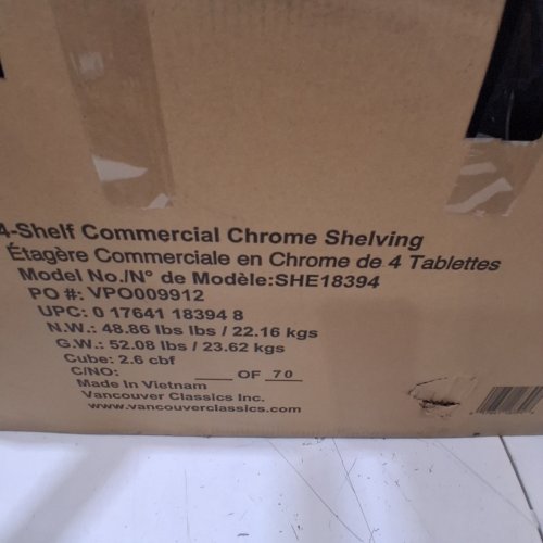 VANCOUVER CLASSICS COMMERCIAL 4-SHELF SHELVING - 36" X 18" X 72 - CHROME (MODEL: SHE18394) image 4