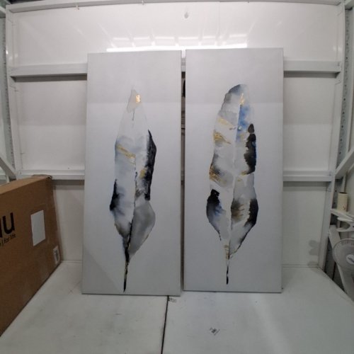 2PC VERTUU PLUME HAND PAINTED CANVAS WALL ART - 52" X 22" - WHITE/BLACK/GOLD (MODEL: 01-00964) image 3
