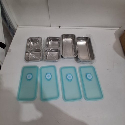 8PC STAINLESS STEEL FOOD STORAGE CONTAINERS WITH LIDS - 8" X 4" X 2" - AQUA/SILVER image 2