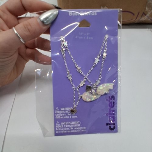 2PC GIRLS CLAIRE'S BEST FRIENDS OPAL HEART NECKLACES - 16" + 3" - SILVER TONE image 2
