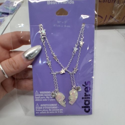 2PC GIRLS CLAIRE'S BEST FRIENDS OPAL HEART NECKLACES - 16" + 3" - SILVER TONE image 3