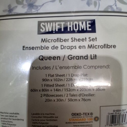 SWIFT HOME MICROFIBER SHEET SET - QUEEN; FLAT SHEET 90" X 102"; FITTED SHEET 60" X 80" - 14"; 2 PILLOWCASES 20" X 30" - BLUE FLORAL (STYLE: SHSS4-007) image 4