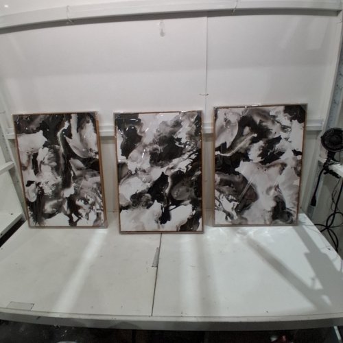 3PC LARGE ABSTRACT MODERN FLORAL PICTURES HOME DECOR - 27" X 19" - BLACK/WHITE/GREY/GOLD image 2